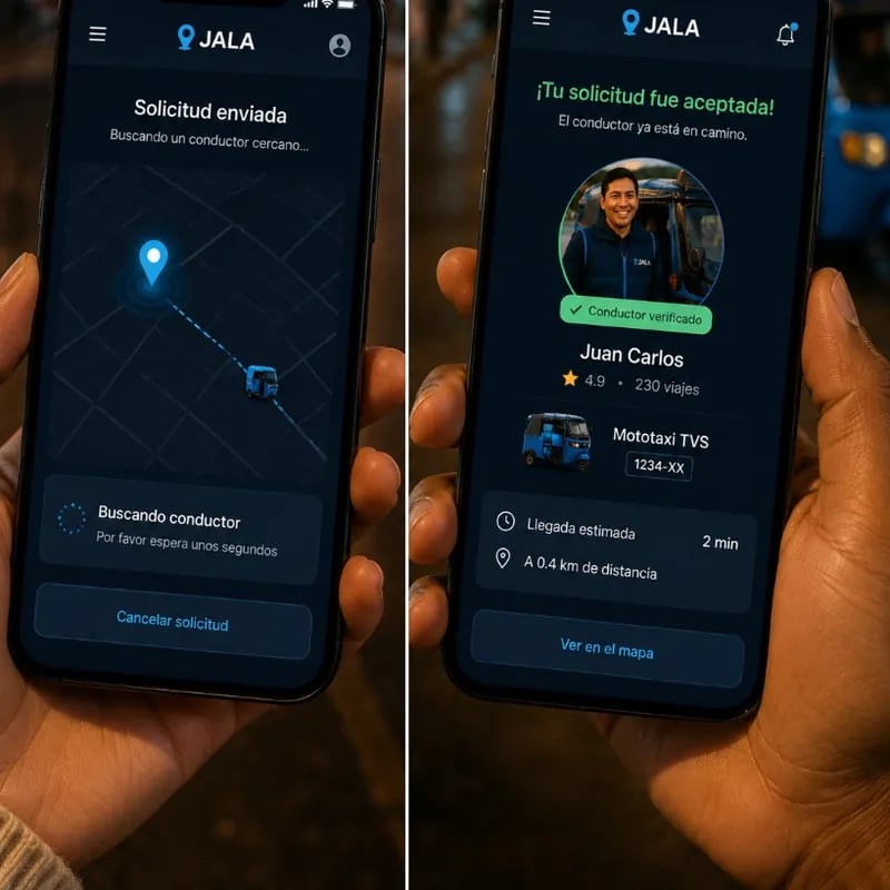 Pantalla de la app de Jala mostrando la confirmación del viaje y el conductor en camino