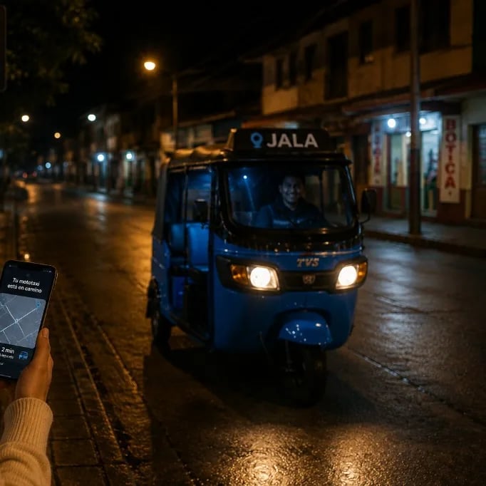 Pasajera usando la app de Jala en su celular mientras espera su mototaxi de noche